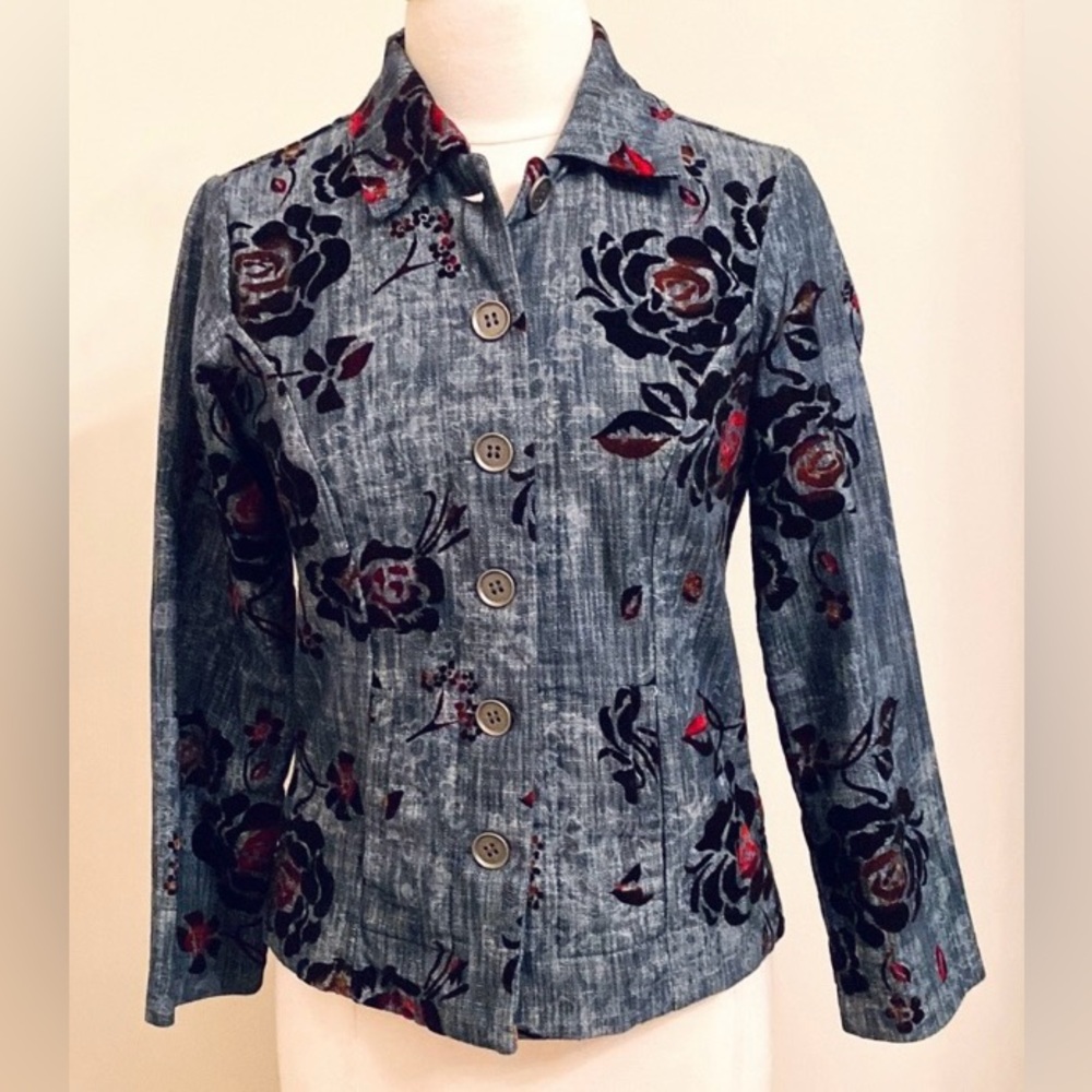 Additions by Chico Denim Velvet Floral SZ 4 Retro Vintage Boho Statement Jacket